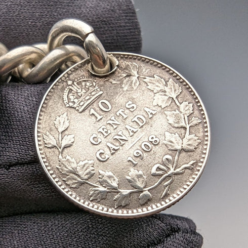 1909年 英国アンティーク 純銀製アルバートチェーン 54g カナダコインフォブ