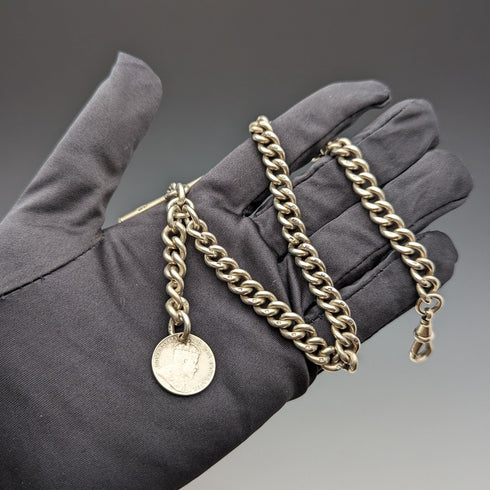 1909年 英国アンティーク 純銀製アルバートチェーン 54g カナダコインフォブ