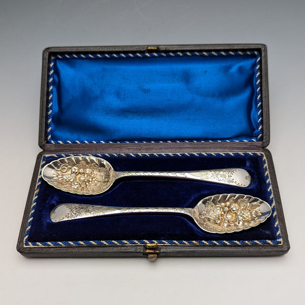 Late 19th Century British Antique Silver Plated Berry Spoon Pair William Ainsworth Case
