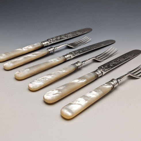 1880 British Antique Engraved White Pearl Handle Dessert Cutlery 3 Pair Set Stokes & Ireland