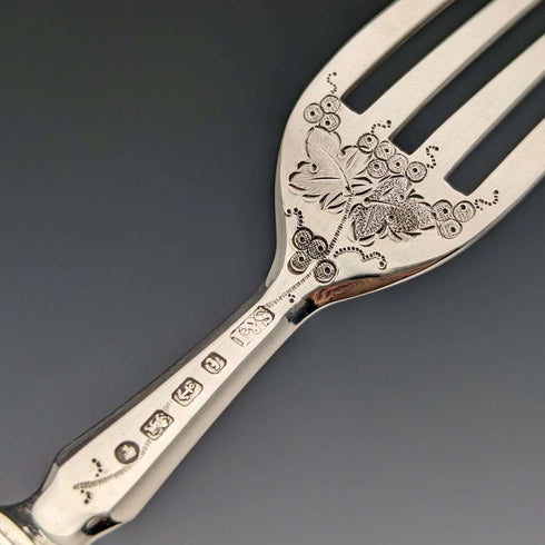 1880 British Antique Engraved White Pearl Handle Dessert Cutlery 3 Pair Set Stokes & Ireland