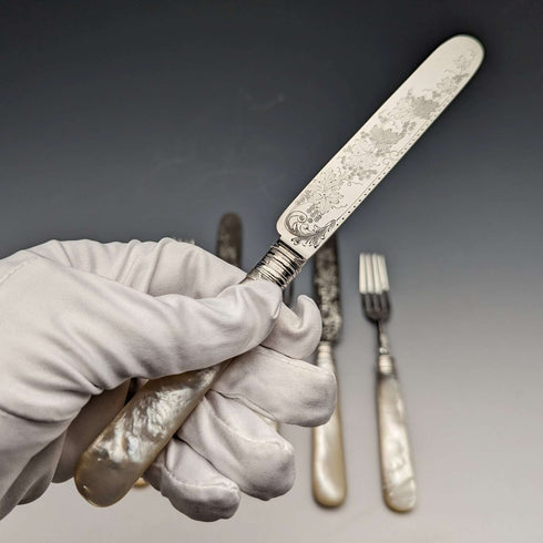 1880 British Antique Engraved White Pearl Handle Dessert Cutlery 3 Pair Set Stokes & Ireland