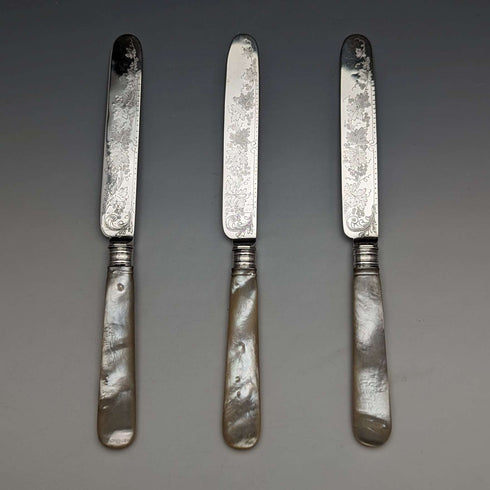 1880 British Antique Engraved White Pearl Handle Dessert Knife x3 Stokes & Ireland