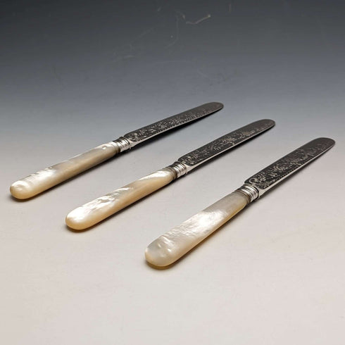 1880 British Antique Engraved White Pearl Handle Dessert Knife x3 Stokes & Ireland