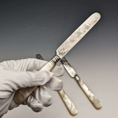 1880 British Antique Engraved White Pearl Handle Dessert Knife x3 Stokes & Ireland