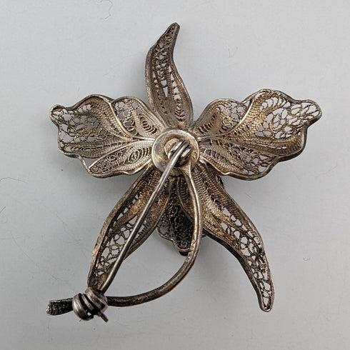 英国ヴィンテージ フィリグリー カトレヤ シルバーブローチ