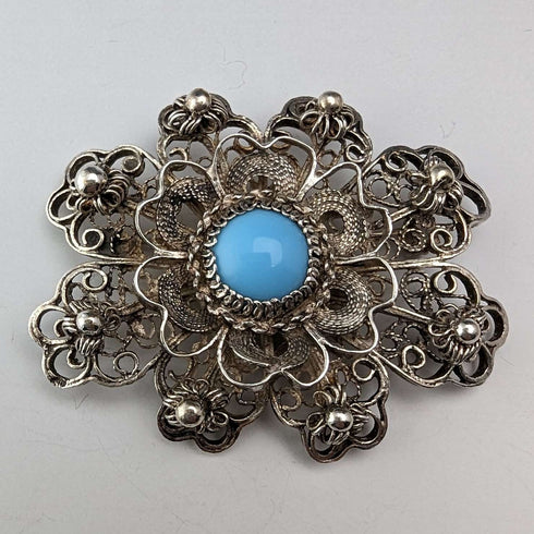 Vintage Blue Stone & Filigree Silver Brooch