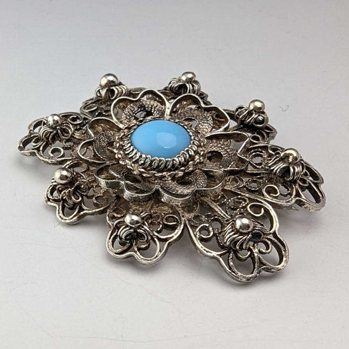 Vintage Blue Stone & Filigree Silver Brooch