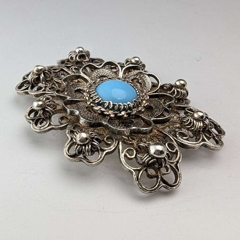 Vintage Blue Stone & Filigree Silver Brooch