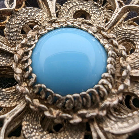 Vintage Blue Stone & Filigree Silver Brooch