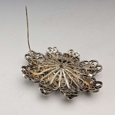 Vintage Blue Stone & Filigree Silver Brooch