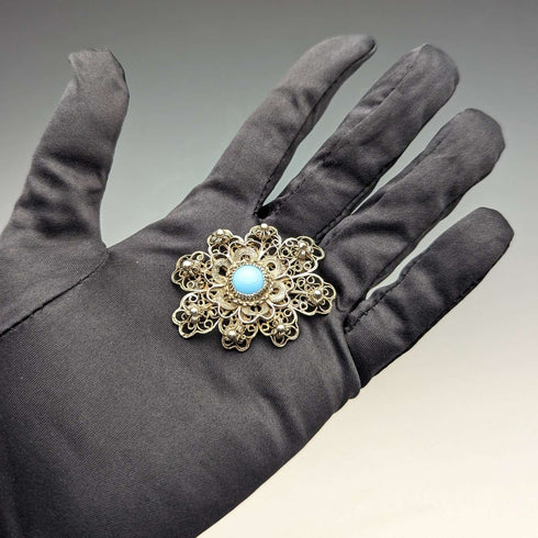 Vintage Blue Stone & Filigree Silver Brooch
