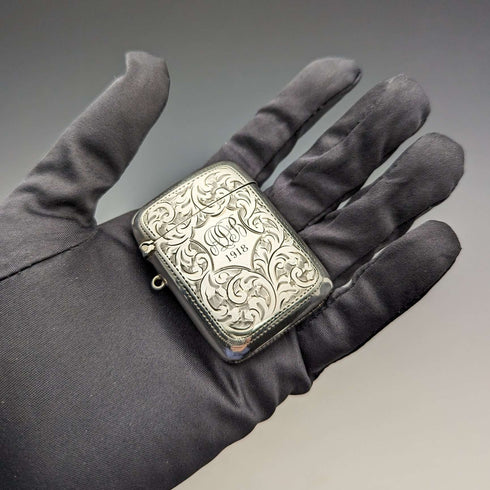 1913 British Antique Sterling Silver Vesta Case Match Case Samuel Levi