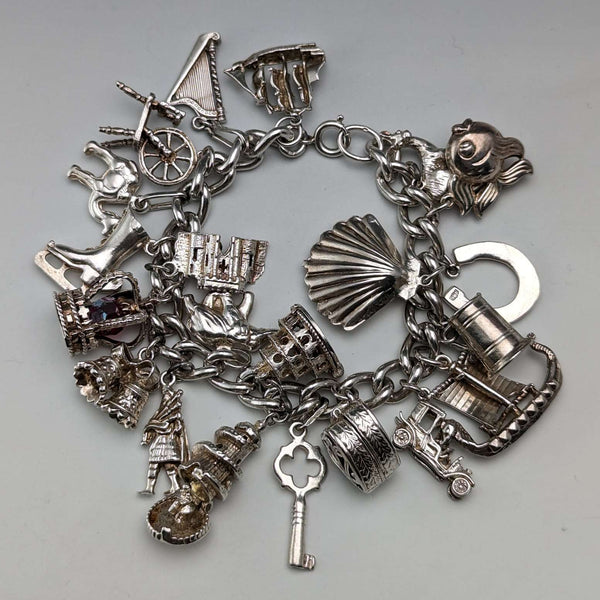 British vintage sterling silver charm bracelet 92g