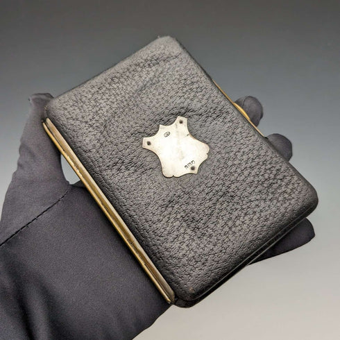 1910 British Antique Sterling Silver Decorated Black Leather Wallet M Chapman