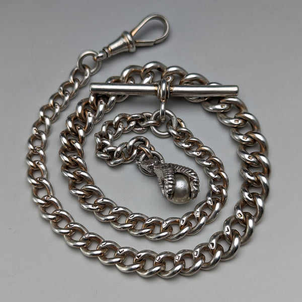 Circa 1910 British Antique Sterling Silver Albert Chain 44g Claw & Bowl Fob