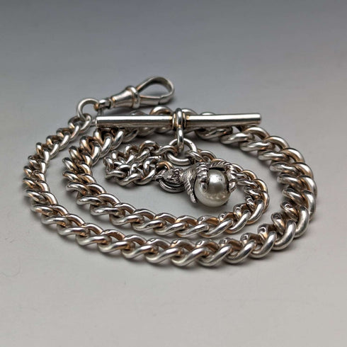 Circa 1910 British Antique Sterling Silver Albert Chain 44g Claw & Bowl Fob
