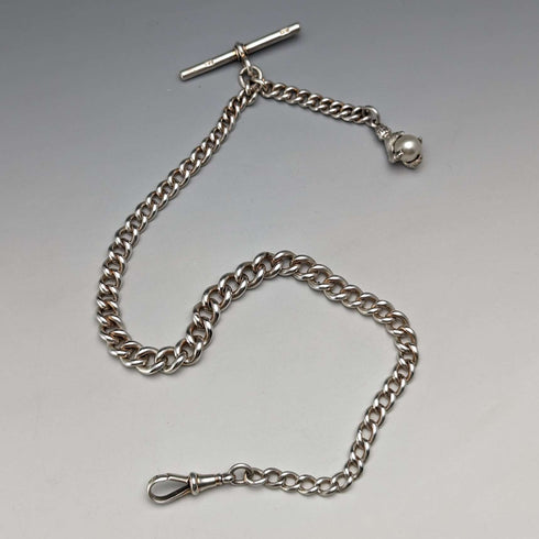 Circa 1910 British Antique Sterling Silver Albert Chain 44g Claw & Bowl Fob