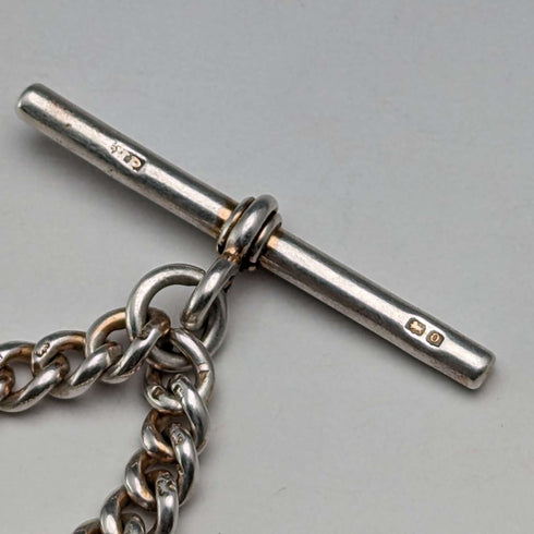 Circa 1910 British Antique Sterling Silver Albert Chain 44g Claw & Bowl Fob