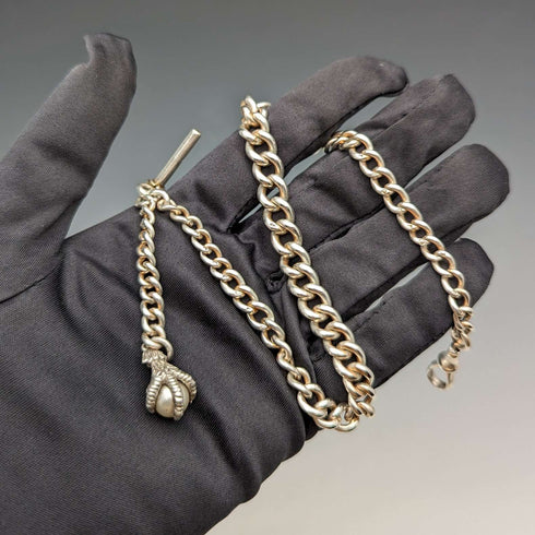 Circa 1910 British Antique Sterling Silver Albert Chain 44g Claw & Bowl Fob