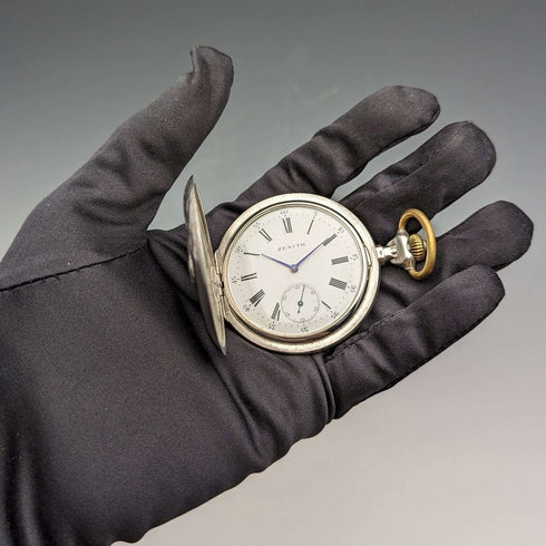 Circa 1912 Antique Zenith pocket watch engraved silver side hunter in good working order