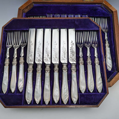 Circa 1860 British Antique White Pearl Handle Cutlery 12 Pair Set Walker & Hall