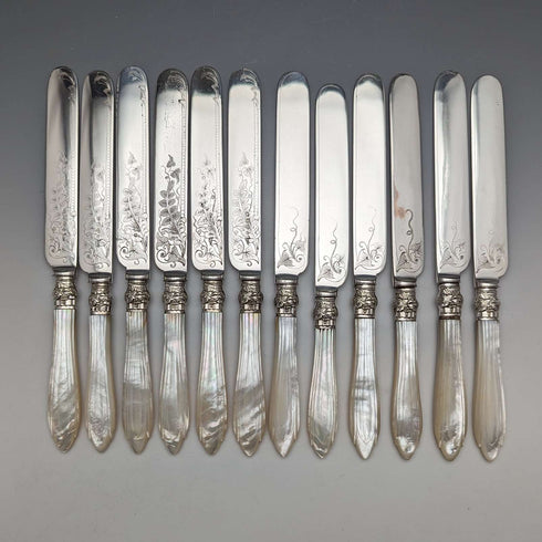 Circa 1860 British Antique White Pearl Handle Cutlery 12 Pair Set Walker & Hall
