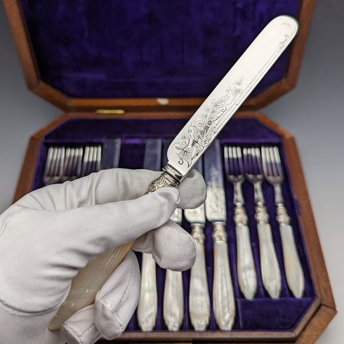 Circa 1860 British Antique White Pearl Handle Cutlery 12 Pair Set Walker & Hall