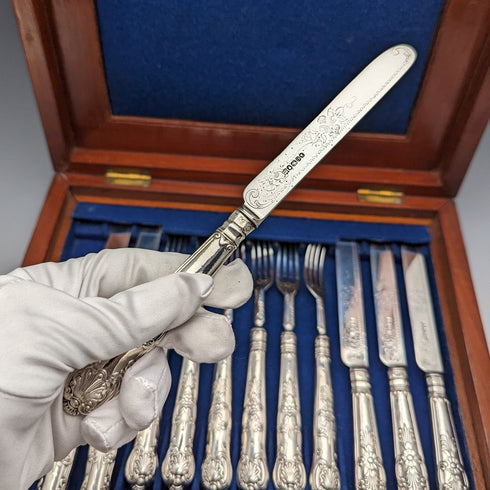 1862年 英国アンティーク 総純銀製 デザートカトラリー 6ペアセット 計467g Martin & Hall 木箱入り