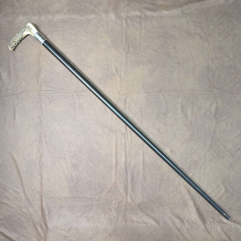 1890 年英國古董男士手杖 L 形鹿角手柄純銀裝飾黑軸 91 厘米