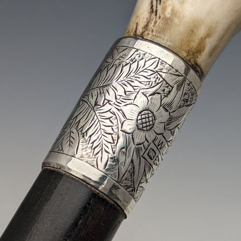 1890 年英國古董男士手杖 L 形鹿角手柄純銀裝飾黑軸 91 厘米