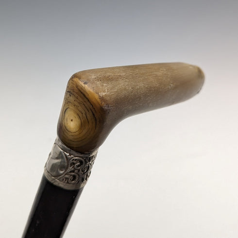 英国アンティーク 紳士用ステッキ L字ホーンハンドル 純銀装飾 ブラックシャフト 91cm