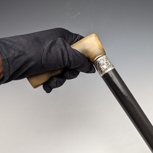 英国アンティーク 紳士用ステッキ L字ホーンハンドル 純銀装飾 ブラックシャフト 91cm