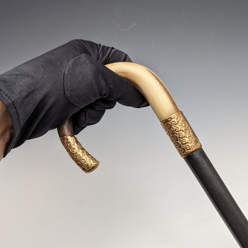 約 1914 年英國古董男士手杖角彎柄黑軸 85 厘米