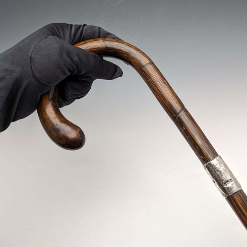 1921 年英國古董男士手杖,輕質弧形手柄,純銀裝飾,棕色桿,88 厘米