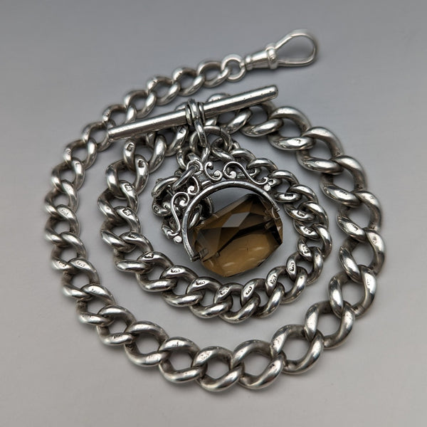 Circa 1890 British Antique Sterling Silver Albert Chain 59g Rotating Fob