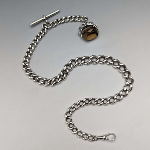 Circa 1890 British Antique Sterling Silver Albert Chain 59g Rotating Fob