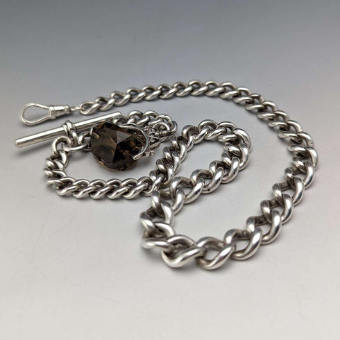 Circa 1890 British Antique Sterling Silver Albert Chain 59g Rotating Fob