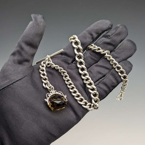Circa 1890 British Antique Sterling Silver Albert Chain 59g Rotating Fob