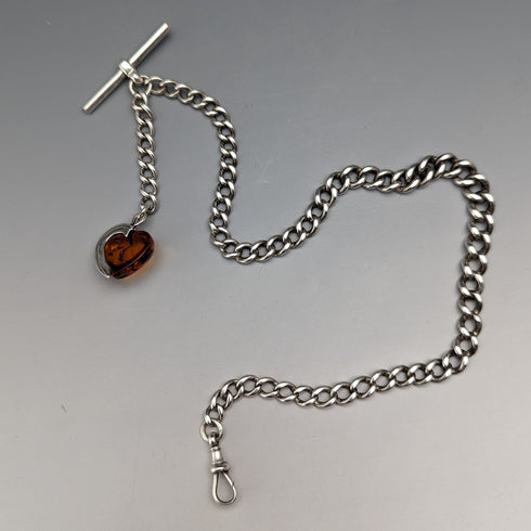 1900年頃 英国アンティーク 純銀製アルバートチェーン 33g ハート型琥珀フォブ