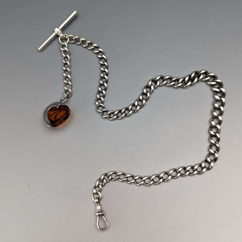 Circa 1900 British Antique Sterling Silver Albert Chain 33g Heart-shaped Amber Fob