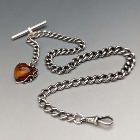 Circa 1900 British Antique Sterling Silver Albert Chain 33g Heart-shaped Amber Fob