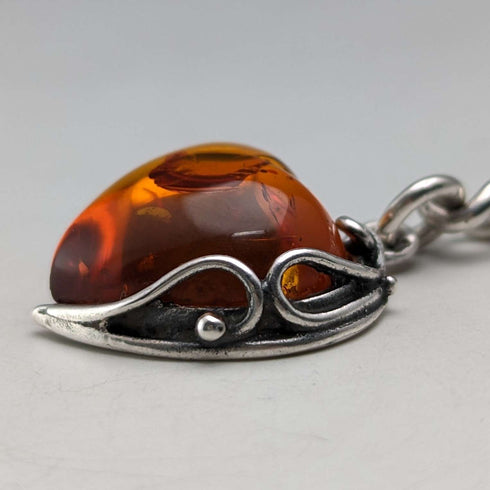 Circa 1900 British Antique Sterling Silver Albert Chain 33g Heart-shaped Amber Fob
