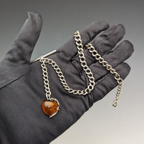 1900年頃 英国アンティーク 純銀製アルバートチェーン 33g ハート型琥珀フォブ