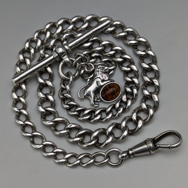 Circa 1910 British Antique Sterling Silver Albert Chain 34g Lion Fob with Amber