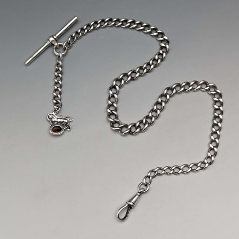 Circa 1910 British Antique Sterling Silver Albert Chain 34g Lion Fob with Amber