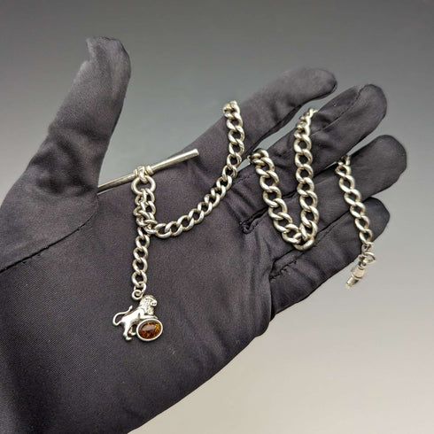 Circa 1910 British Antique Sterling Silver Albert Chain 34g Lion Fob with Amber