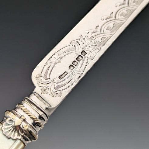 1875年 英国アンティーク 白蝶貝ハンドル&純銀ブレード カトラリー9ペアセット Walker & Hall 木箱入り