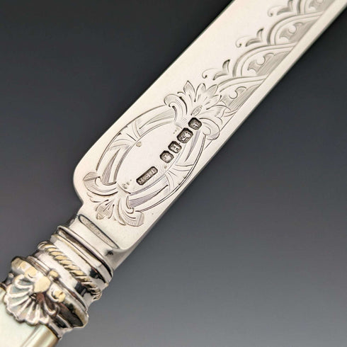 1875 British Antique White Pearl Handle & Sterling Silver Blade Cutlery 9 Pair Set Walker & Hall Wooden Box