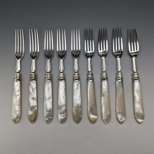 1875 British Antique White Pearl Handle & Sterling Silver Blade Cutlery 9 Pair Set Walker & Hall Wooden Box
